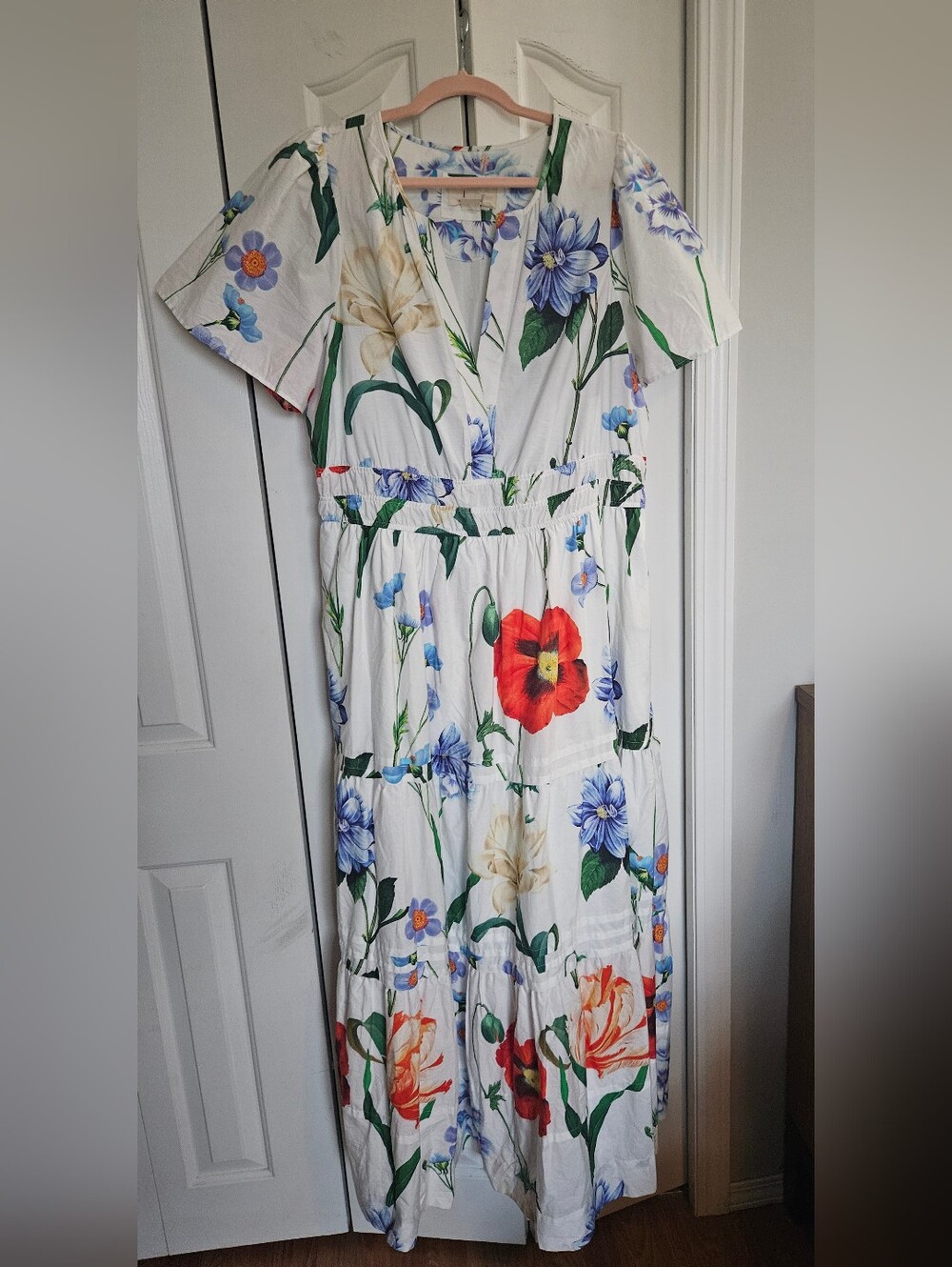 Anthropologie White Floral Maxi Dress with Red & Blue Blooms